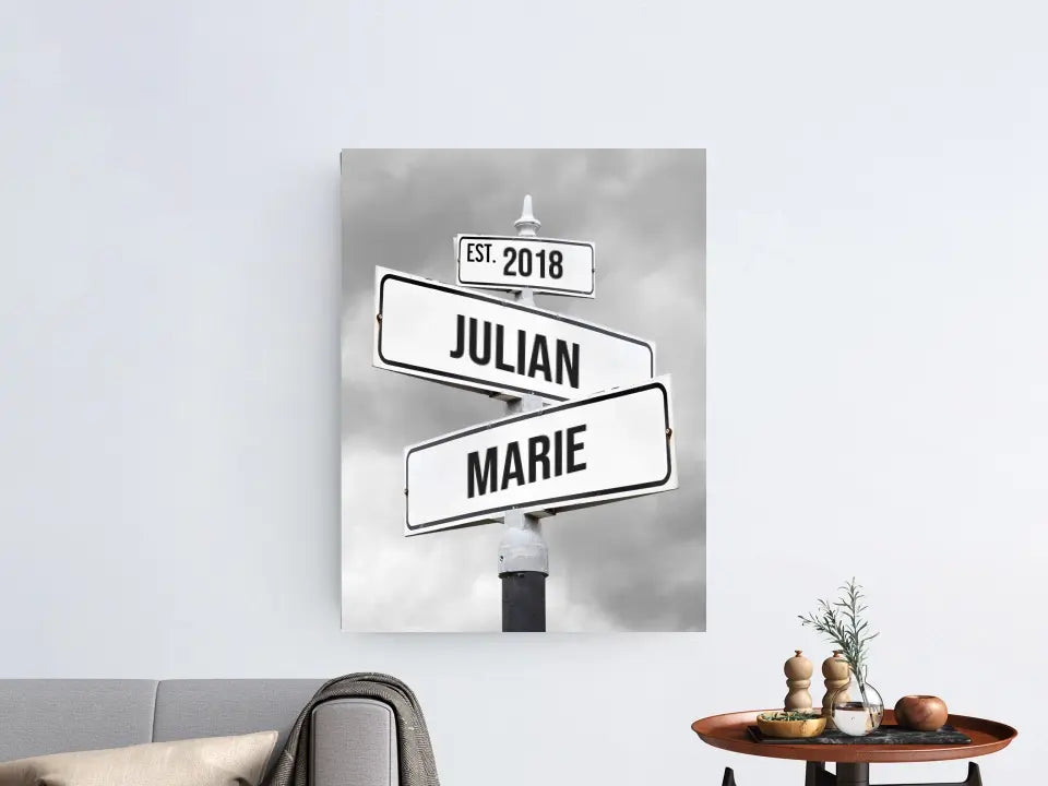 Personalisierte Leinwand "Retro Straßenschild für Paare"