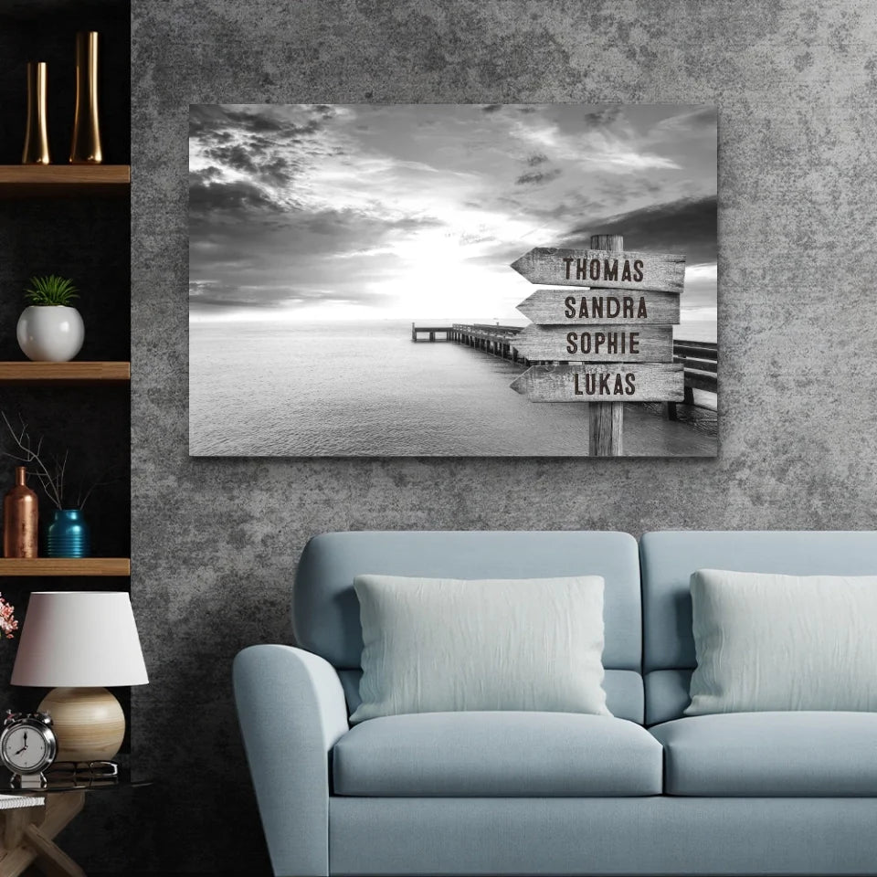 Personalisierte Leinwand "Wegweiser am Steg am Meer"