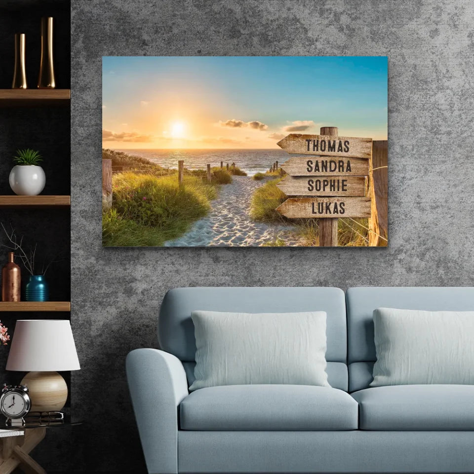 Personalisierte Leinwand "Wegweiser am Strand"