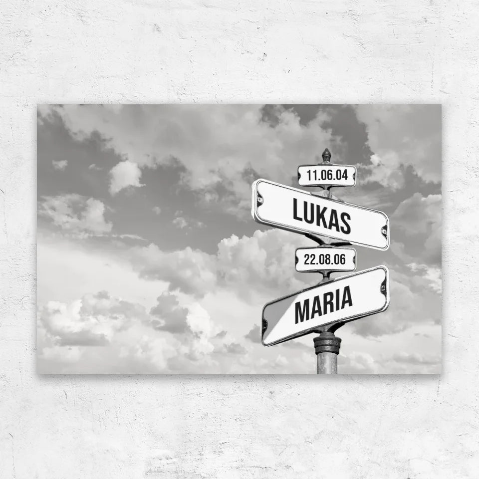 Personalisierte Leinwand "Vintage Straßenschild mit Geburtsdatum der Kinder - Horizontal"