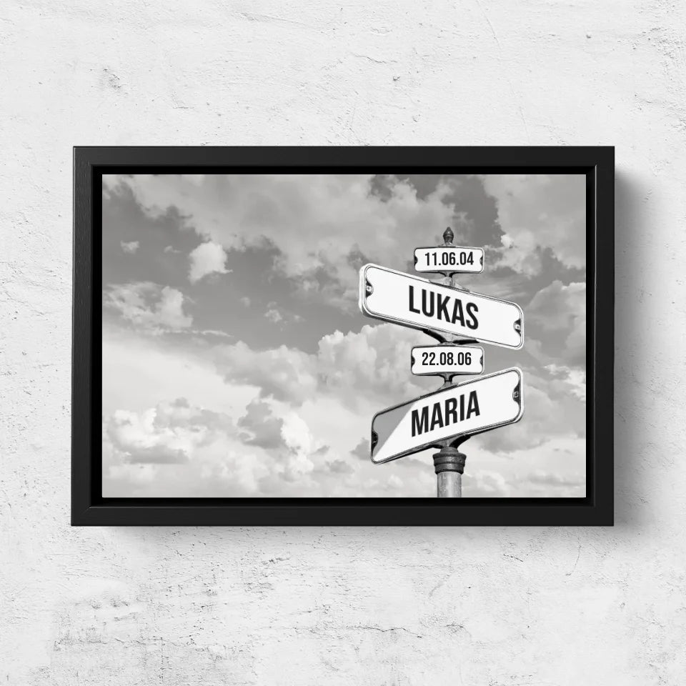 Personalisierte Leinwand "Vintage Straßenschild mit Geburtsdatum der Kinder - Horizontal"