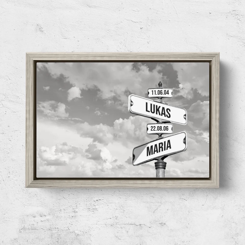 Personalisierte Leinwand "Vintage Straßenschild mit Geburtsdatum der Kinder - Horizontal"