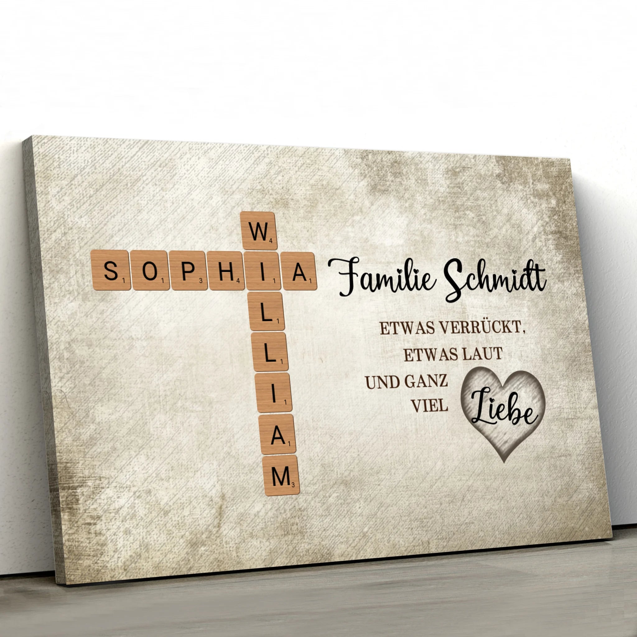 Personalisierte Leinwand "Etwas verrückt, etwas laut und ganz viel Liebe - Kreuzworträtsel"