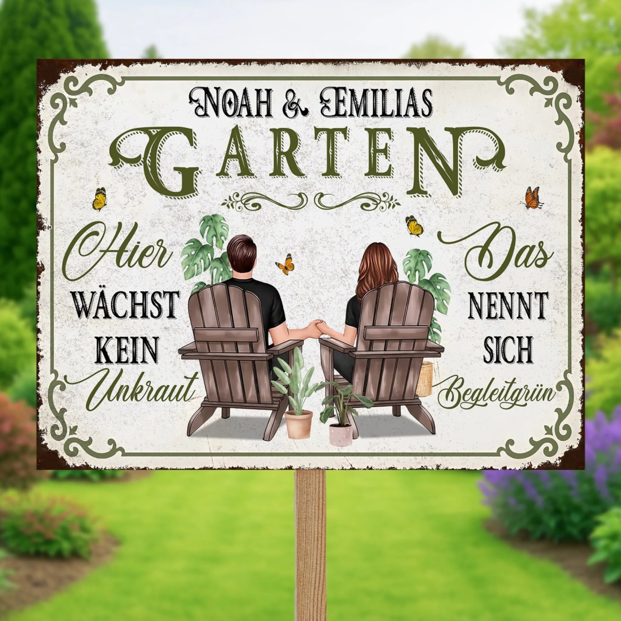 Grünes MDF-Gartenschild 'We're In The Garden Drinking Gin' – 10x20 Cm, Outdoor-tauglich