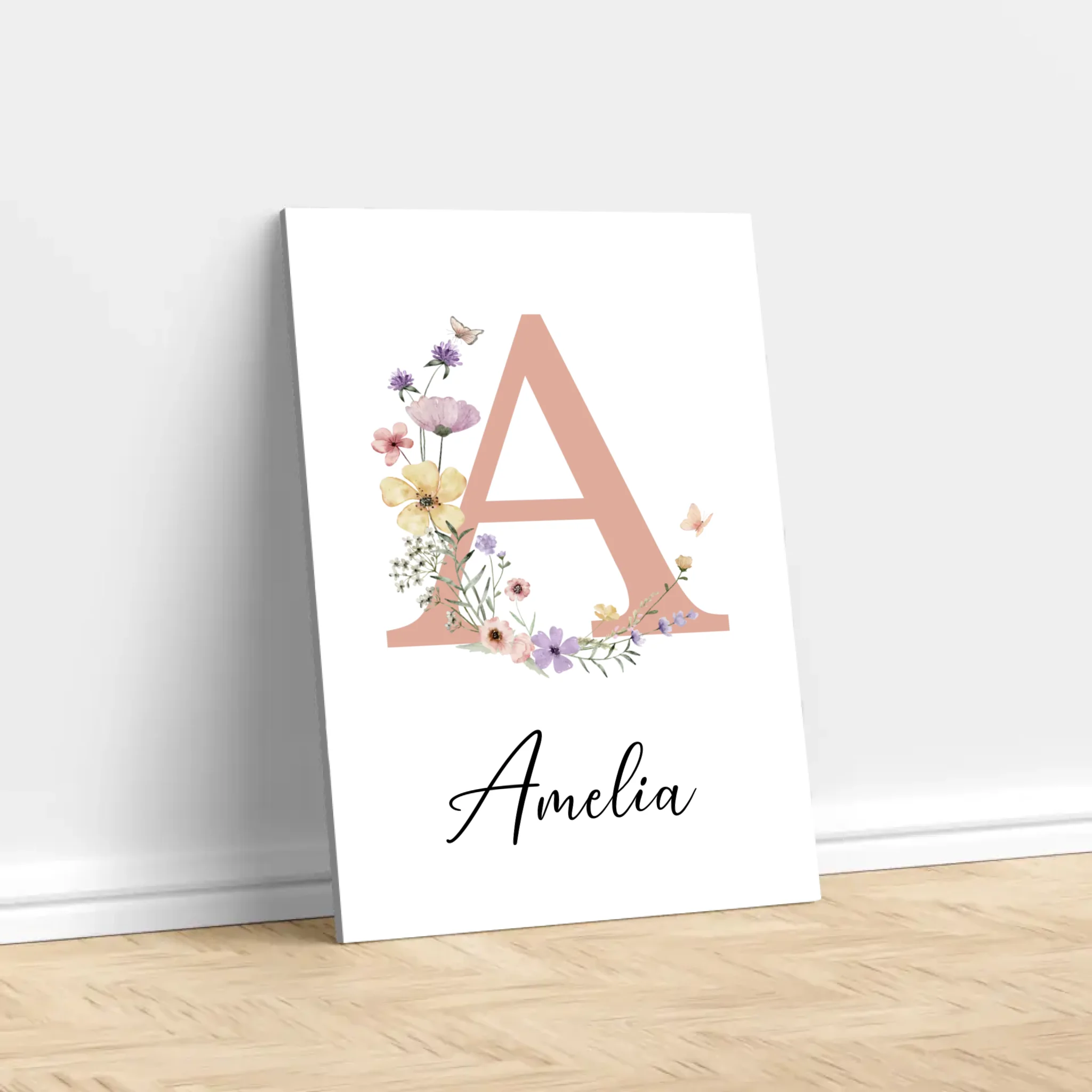 Personalisierte Leinwand – Namensschild mit floraler Initiale für Babys