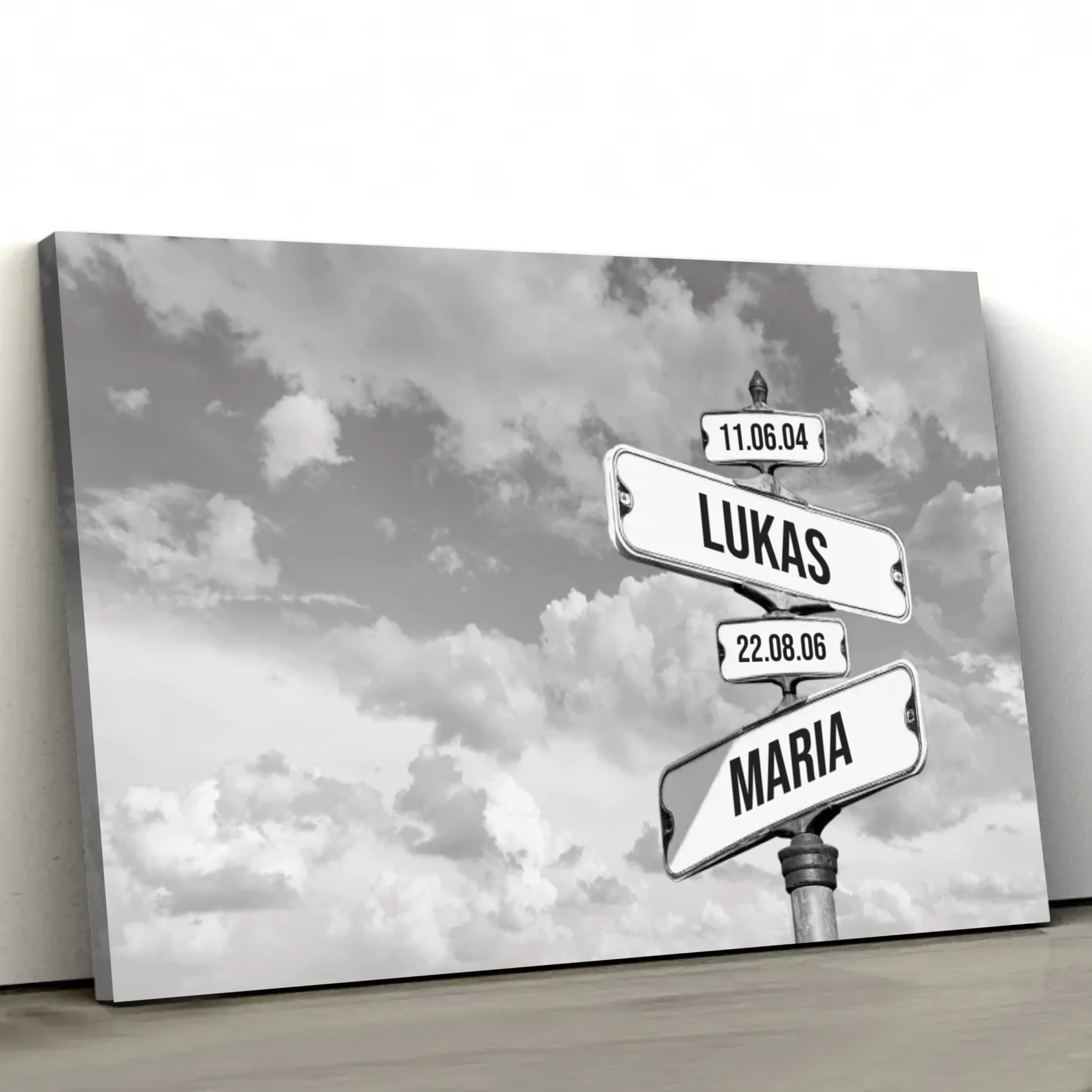Personalisierte Leinwand "Vintage Straßenschild mit Geburtsdatum der Kinder - Horizontal"