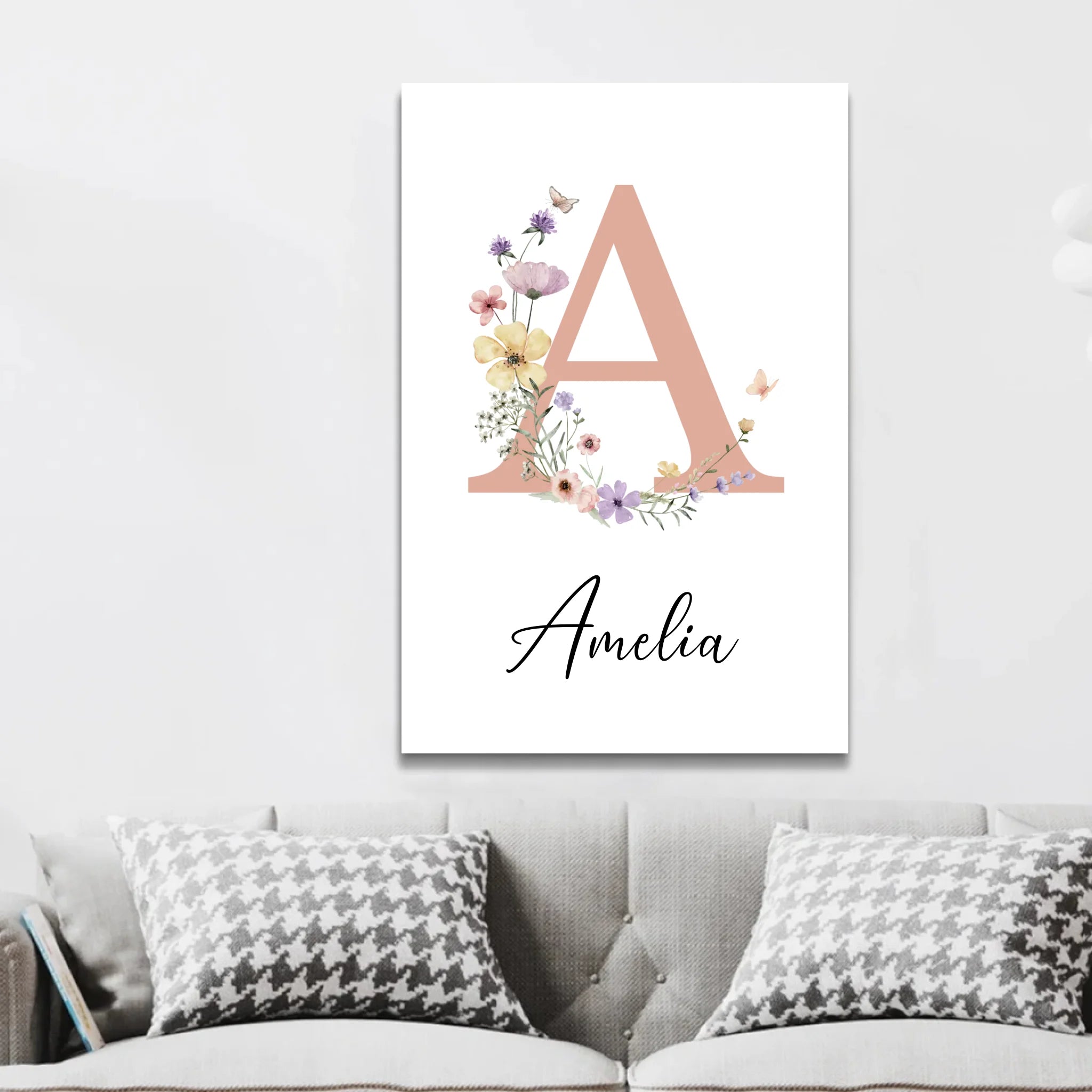 Personalisierte Leinwand – Namensschild mit floraler Initiale für Babys