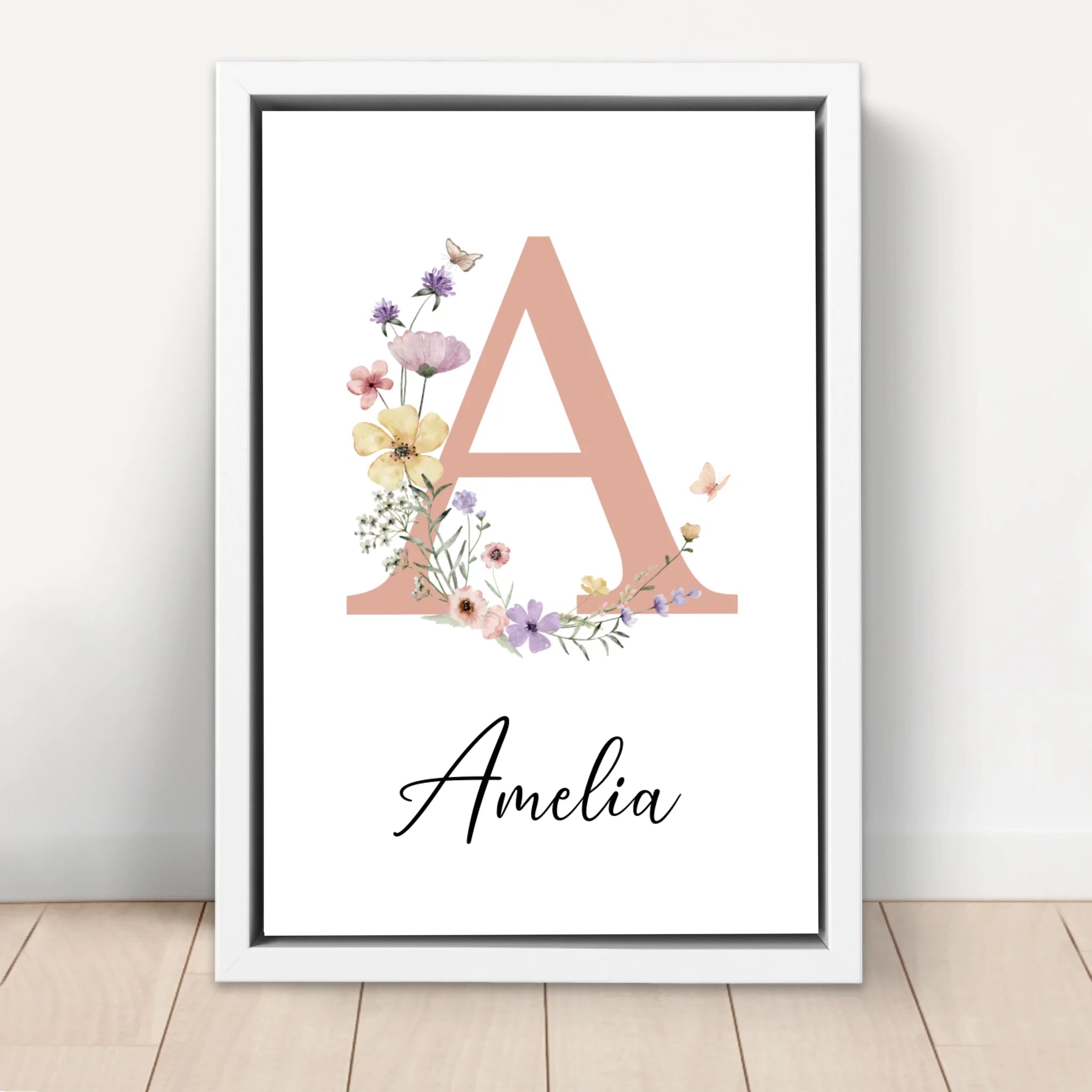 Personalisierte Leinwand – Namensschild mit floraler Initiale für Babys