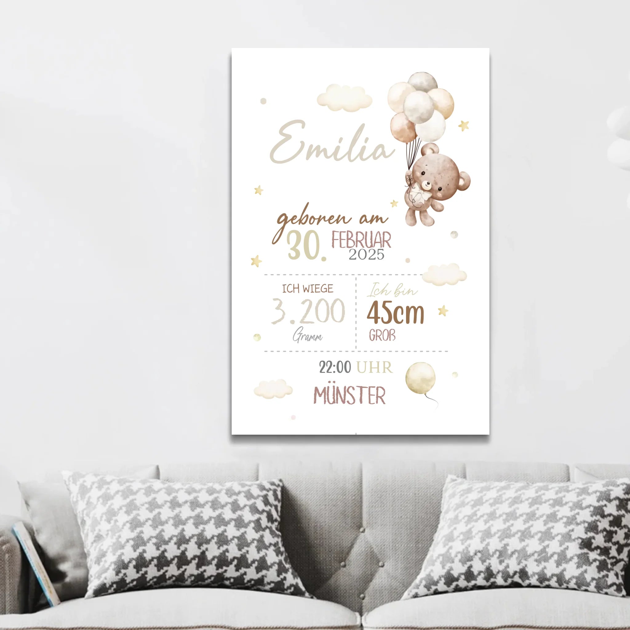 Personalisierte Leinwand – Baby-Geburtsanzeige mit Teddybär