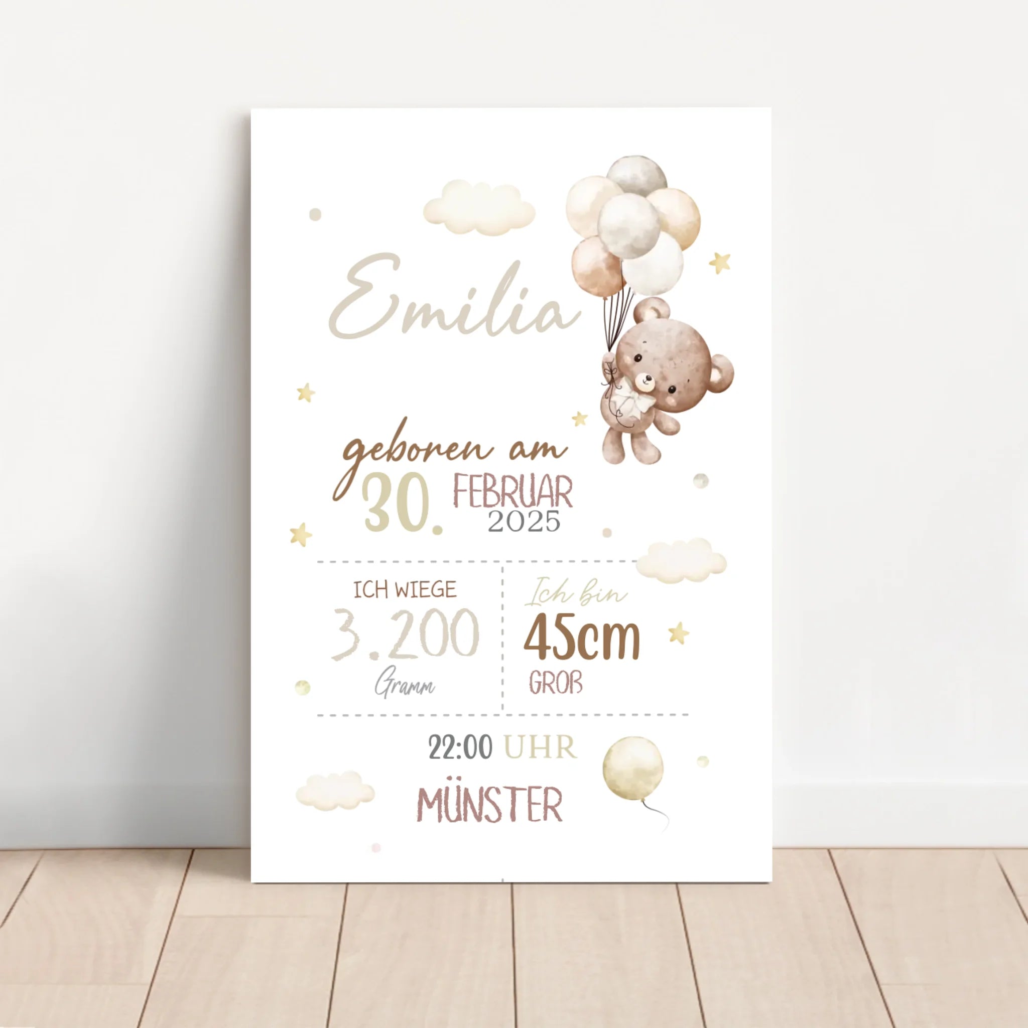 Personalisierte Leinwand – Baby-Geburtsanzeige mit Teddybär