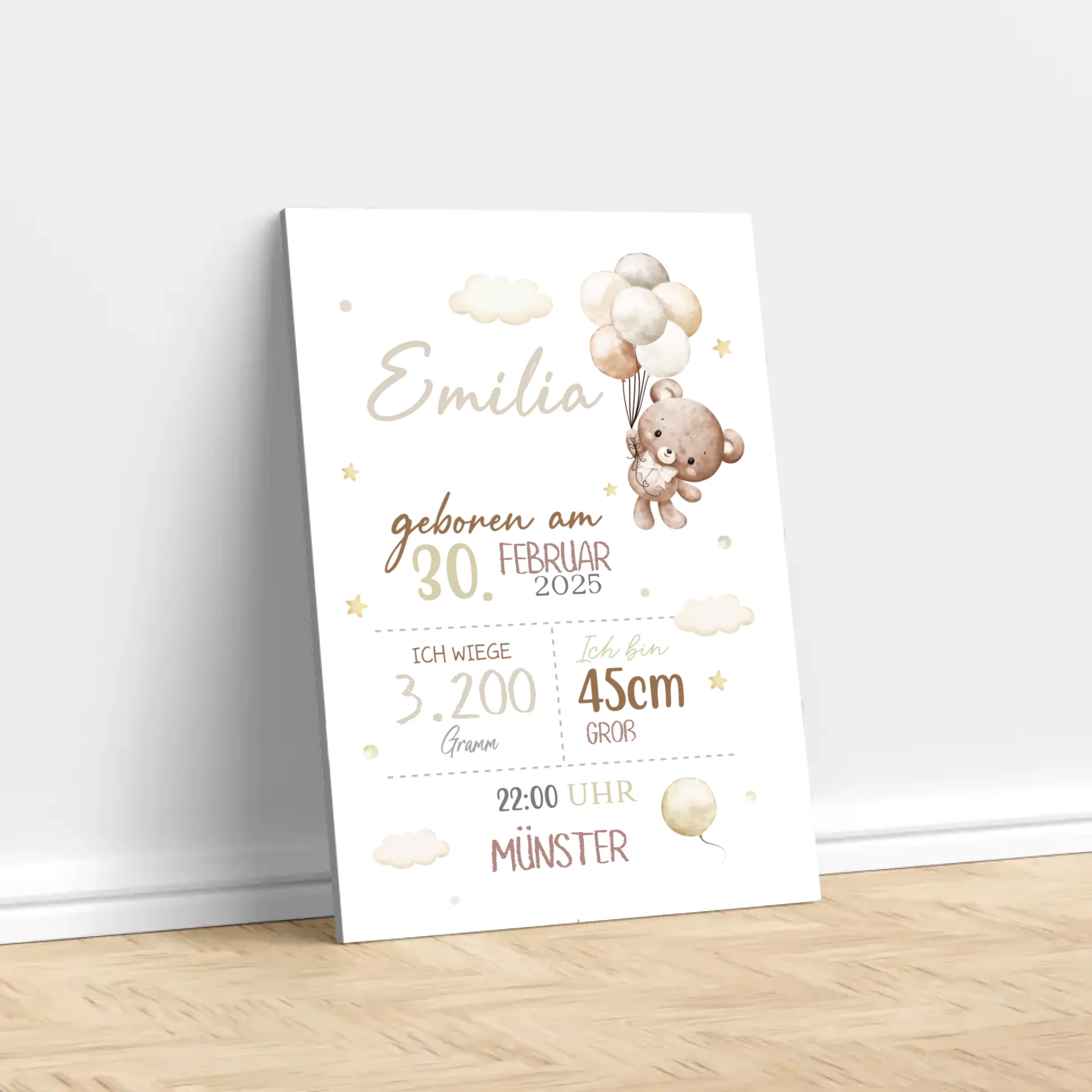 Personalisierte Leinwand – Baby-Geburtsanzeige mit Teddybär