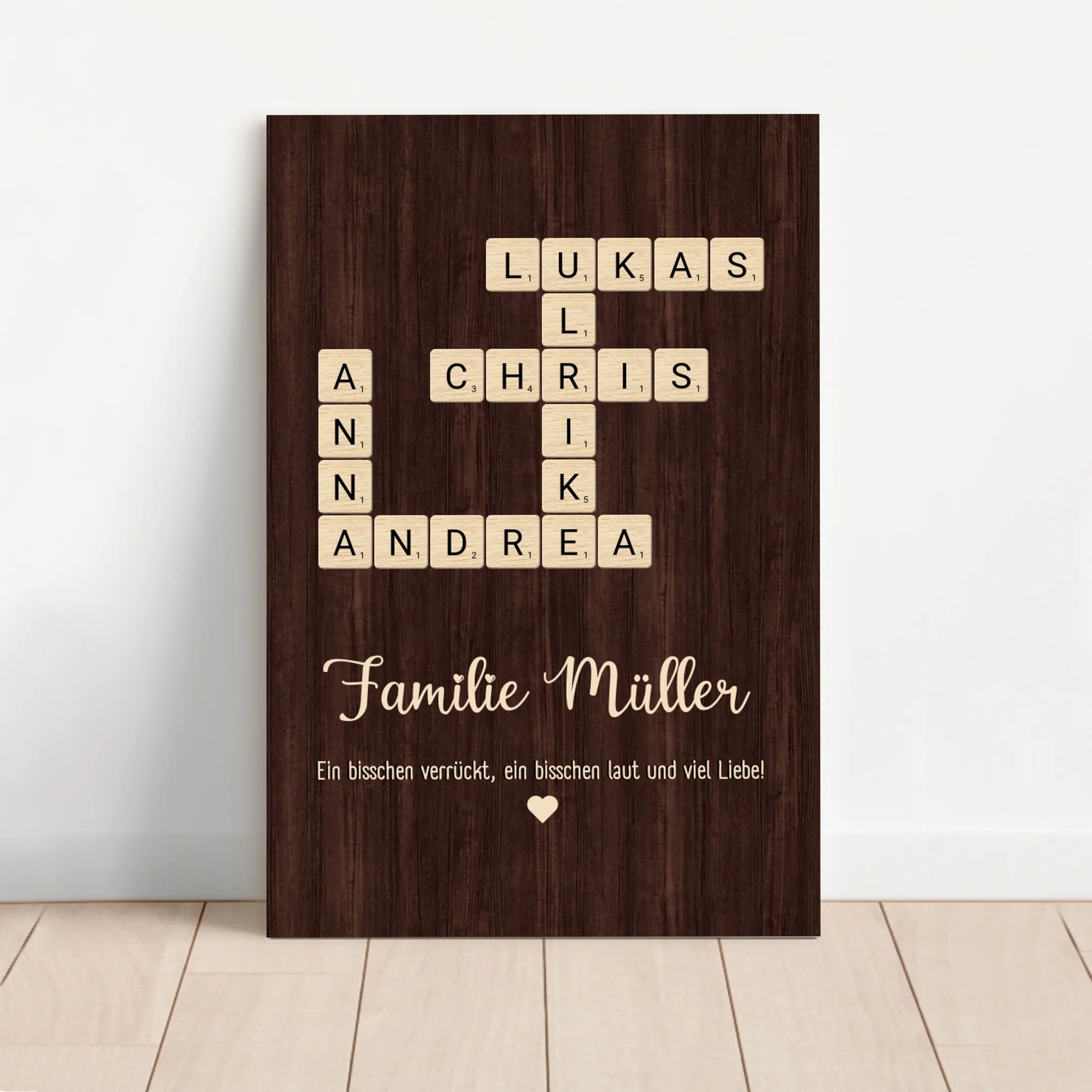 Personalisierte Leinwand "Etwas verrückt, etwas laut und ganz viel Liebe - Vertikales Kreuzworträtsel"