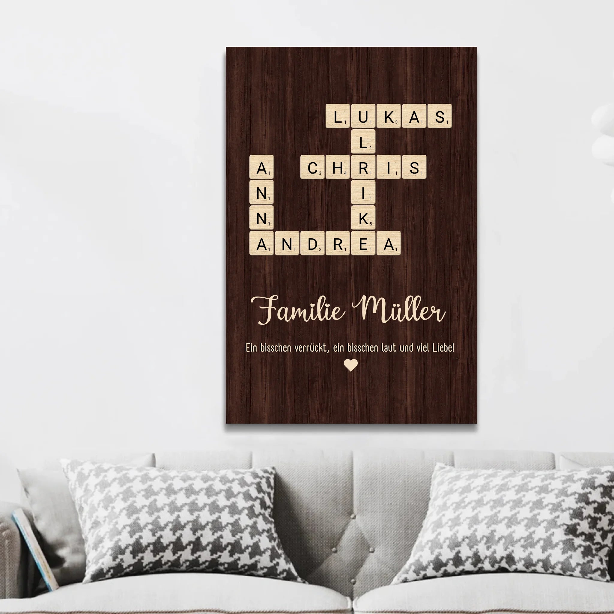 Personalisierte Leinwand "Etwas verrückt, etwas laut und ganz viel Liebe - Vertikales Kreuzworträtsel"