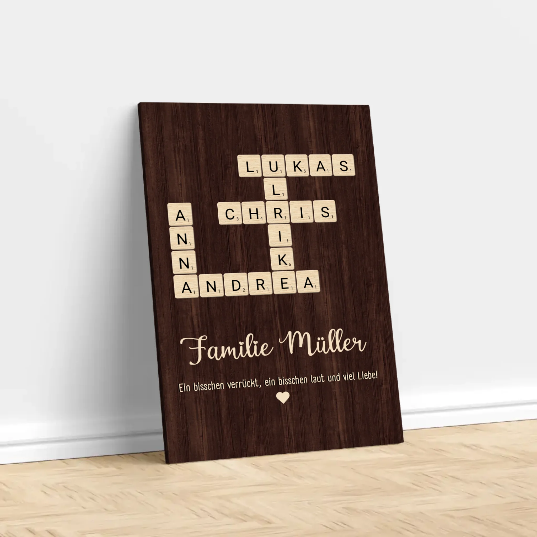 Personalisierte Leinwand "Etwas verrückt, etwas laut und ganz viel Liebe - Vertikales Kreuzworträtsel"