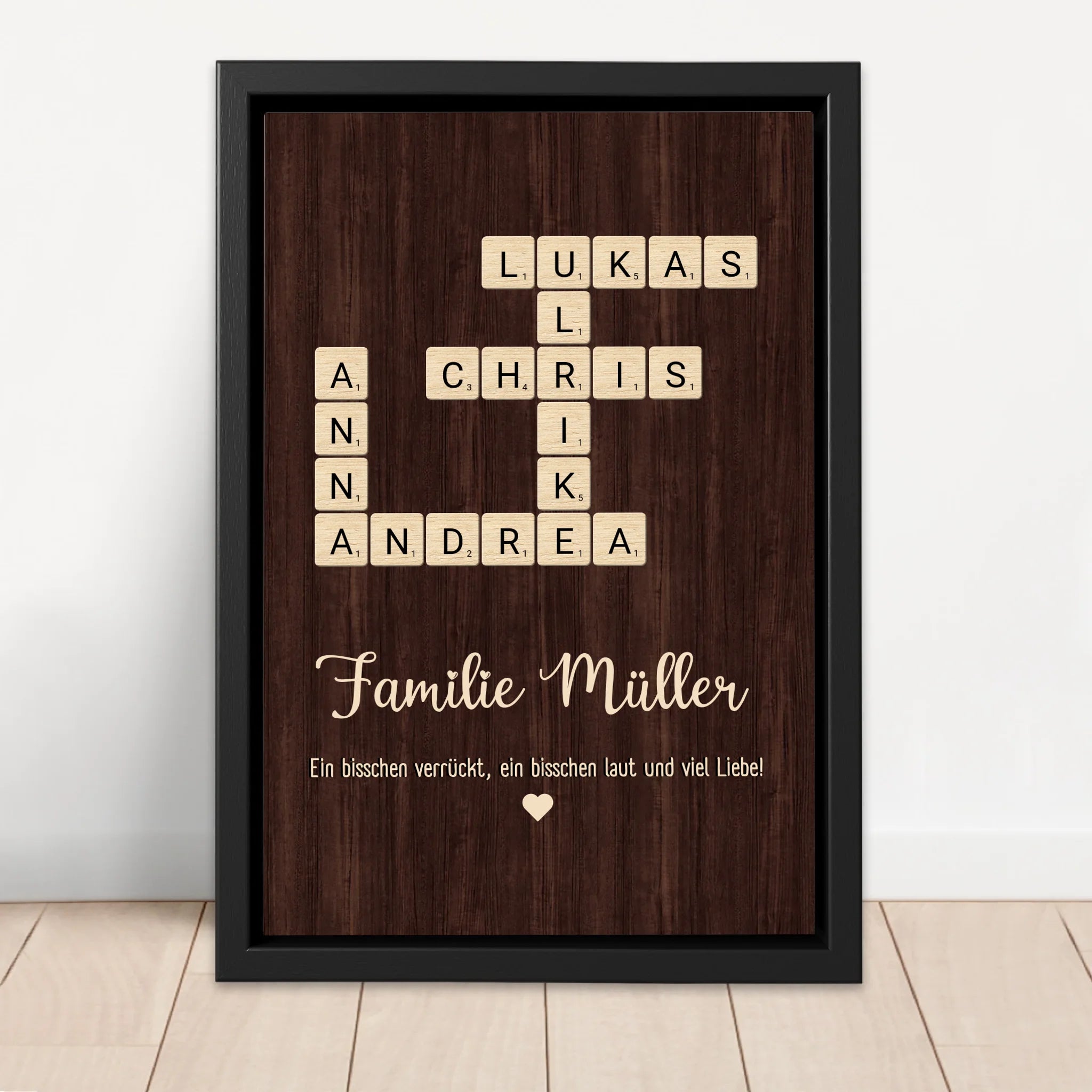 Personalisierte Leinwand "Etwas verrückt, etwas laut und ganz viel Liebe - Vertikales Kreuzworträtsel"
